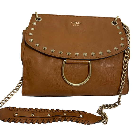 Guess Handbags - GUESS Large Acorn Brown Vegan Leather Studded Flap CHAIN CROSSBODY
